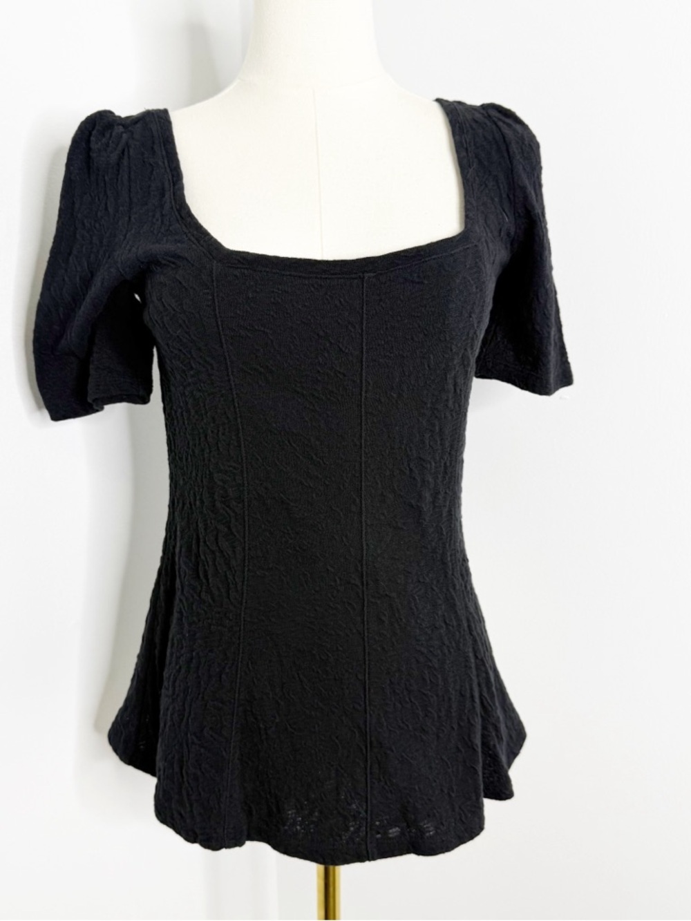 Ett:twa Anthropologie Black Peplum Top XS Square Neck Textured Y2K